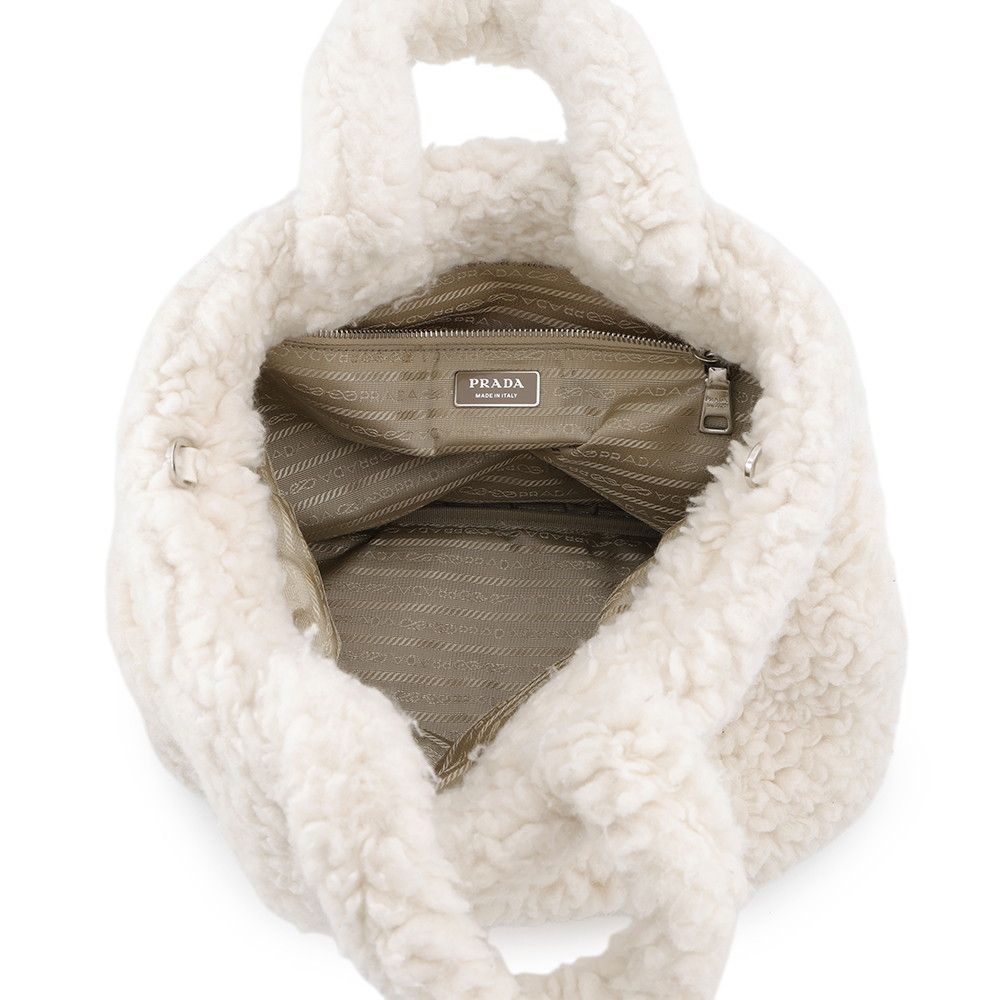Prada Tote Bag Triangle Logo Shearling Small Cashmere Wool 2-Way White — view 6