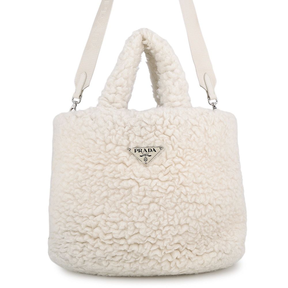 Prada Tote Bag Triangle Logo Shearling Small Cashmere Wool 2-Way White