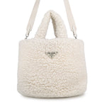 Prada Tote Bag Triangle Logo Shearling Small Cashmere Wool 2-Way White