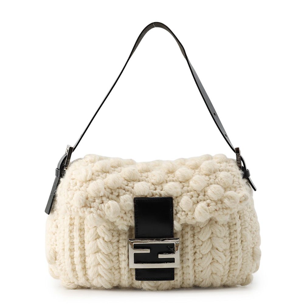 Fendi Mamma Bucket Bag Wool Leather White Black