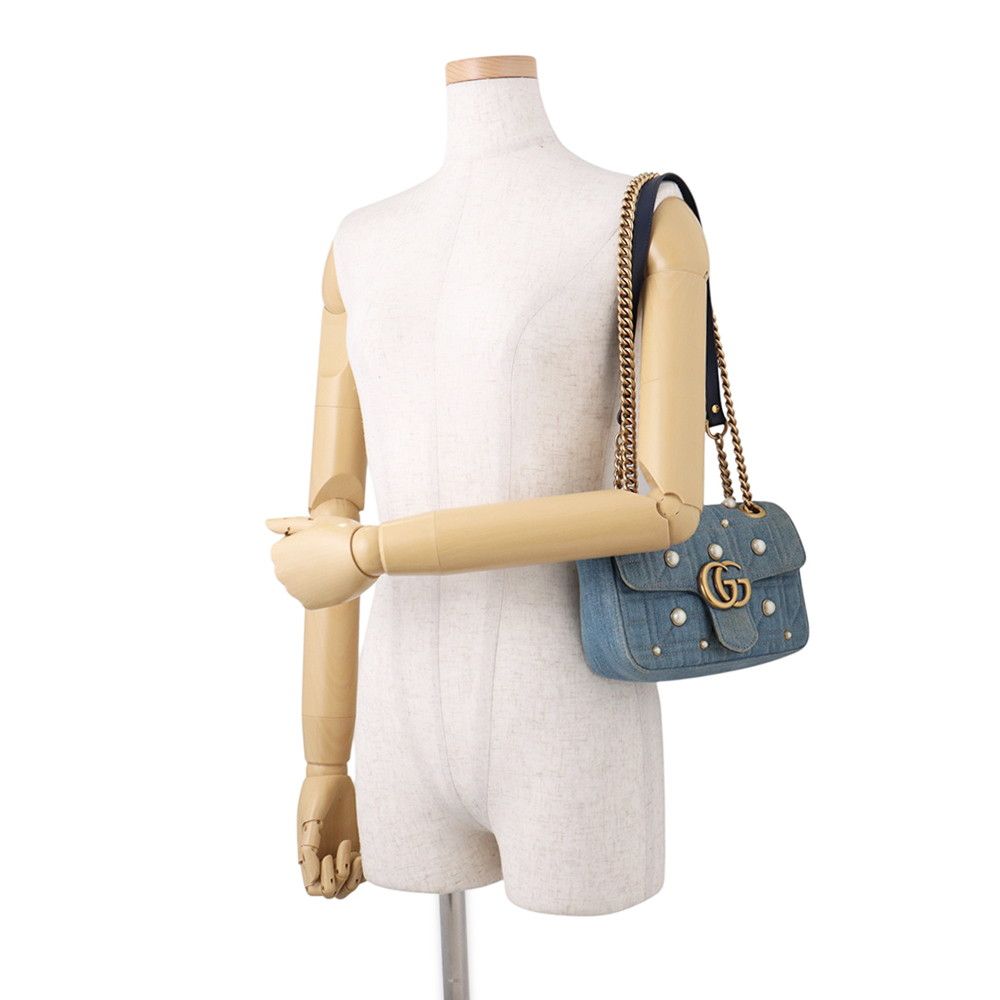 Gucci Chain Shoulder Bag GG Marmont Small Denim Faux Pearl — view 4