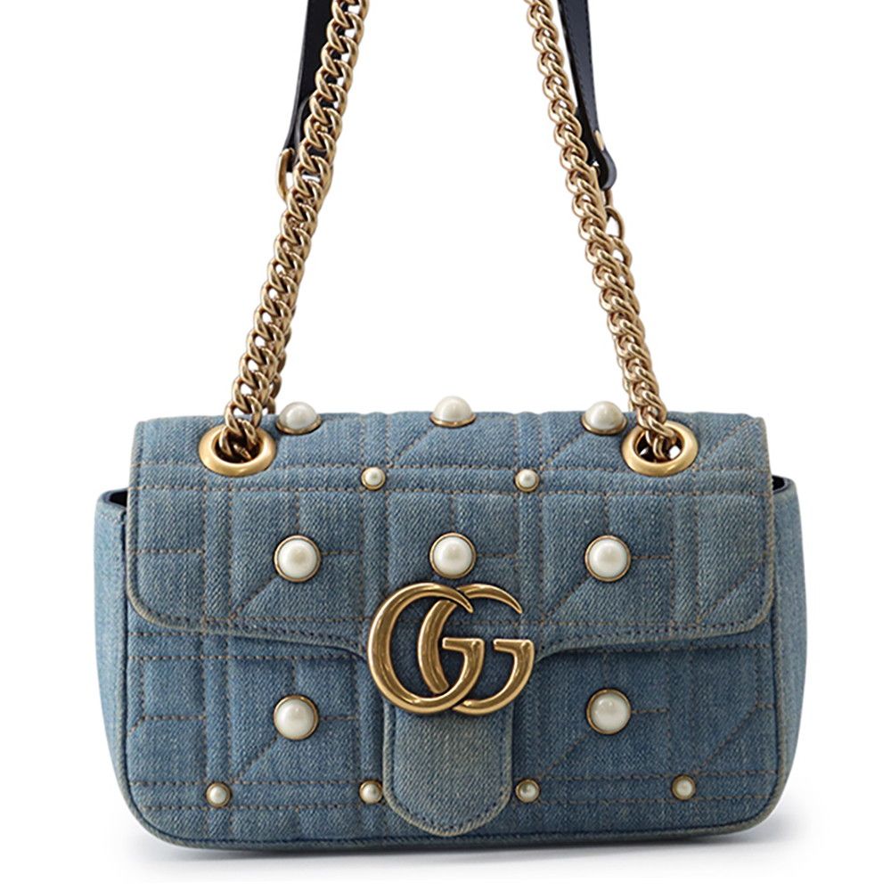 Gucci Chain Shoulder Bag GG Marmont Small Denim Faux Pearl