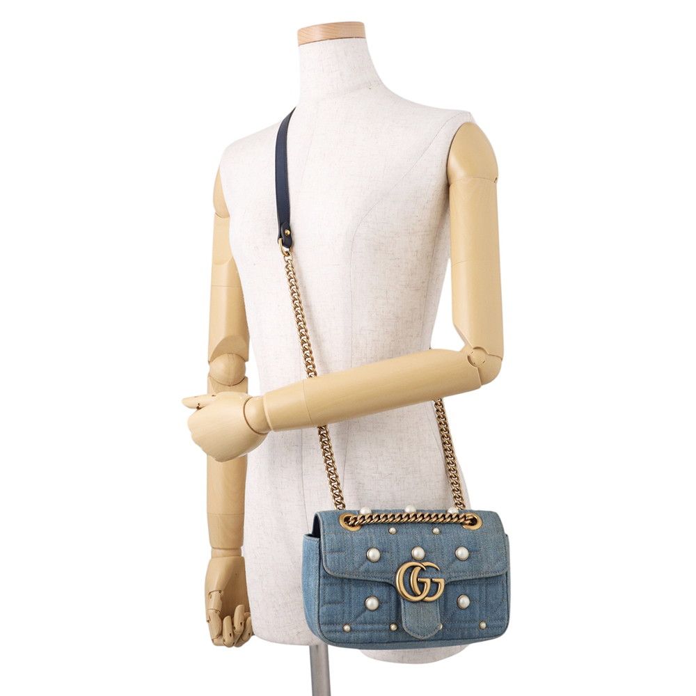 Gucci Chain Shoulder Bag GG Marmont Small Denim Faux Pearl — view 5