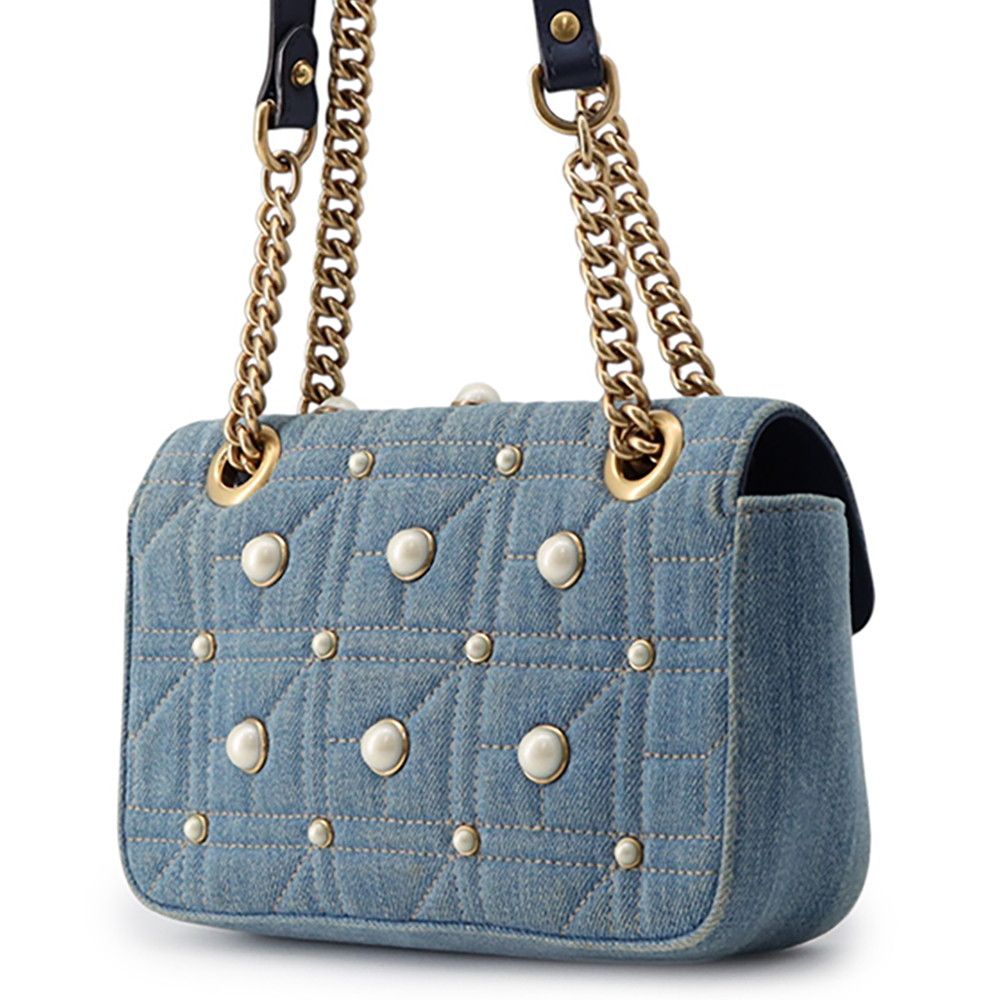 Gucci Chain Shoulder Bag GG Marmont Small Denim Faux Pearl — view 2