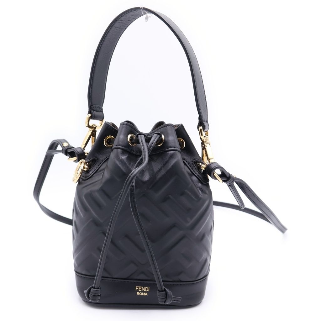 Fendi Montresor Mini Shoulder Bag Drawstring Black Leather Gold