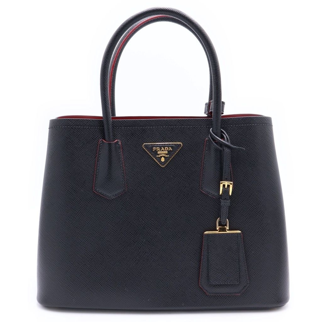 Prada Double Saffiano Leather Midi Handbag Black Gold