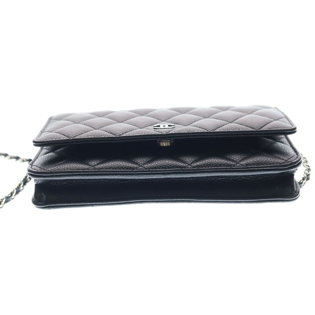 Chanel Quilted Chain Wallet Shoulder Bag Black Caviar Leather Silver — view 4