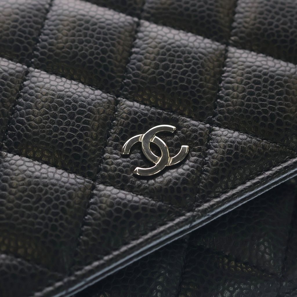 Chanel Quilted Chain Wallet Shoulder Bag Black Caviar Leather Silver — view 6