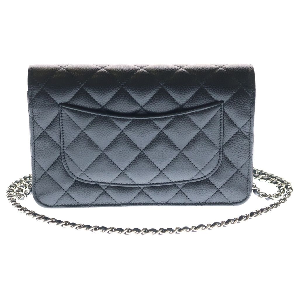 Chanel Quilted Chain Wallet Shoulder Bag Black Caviar Leather Silver — view 2