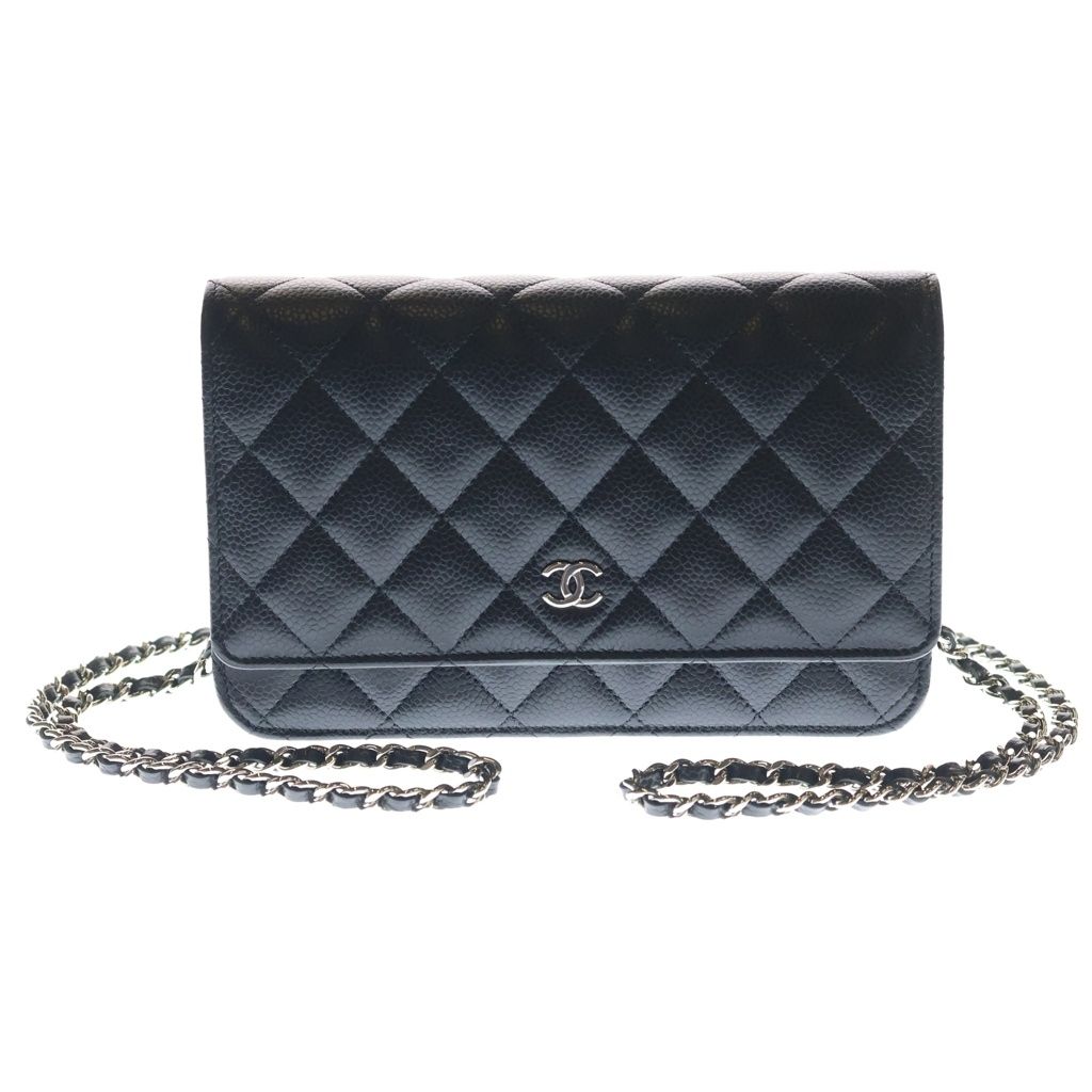 Chanel Quilted Chain Wallet Shoulder Bag Black Caviar Leather Silver