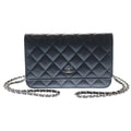 Chanel Quilted Chain Wallet Shoulder Bag Black Caviar Leather Silver