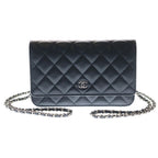 Chanel Quilted Chain Wallet Shoulder Bag Black Caviar Leather Silver