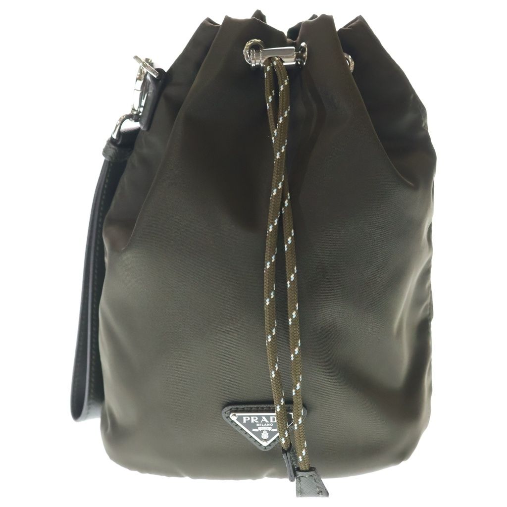 Prada Re-Nylon Speedlock Pouch Drawstring Leather Khaki Silver