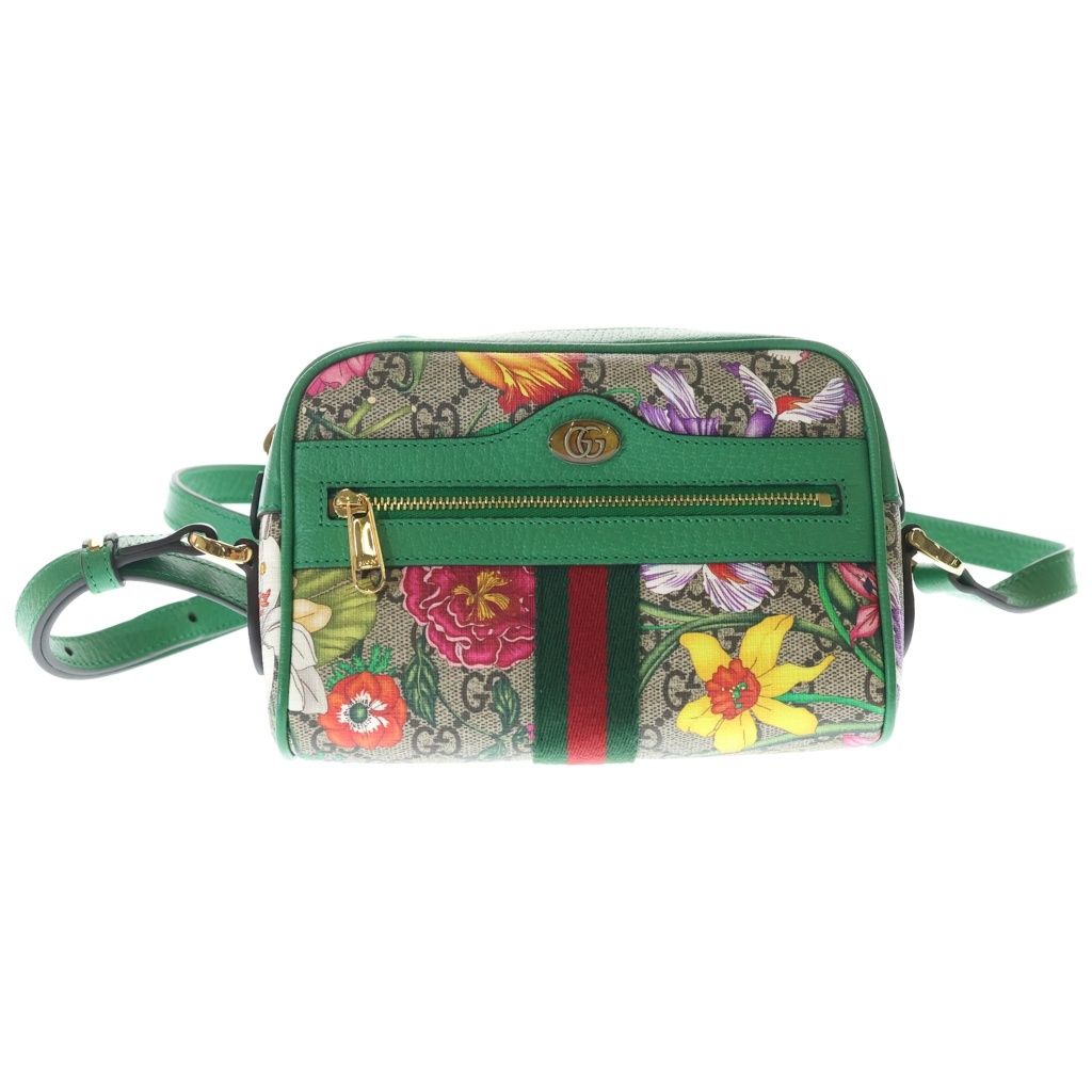 Gucci GG Flora Shoulder Bag Beige Green Leather Gold