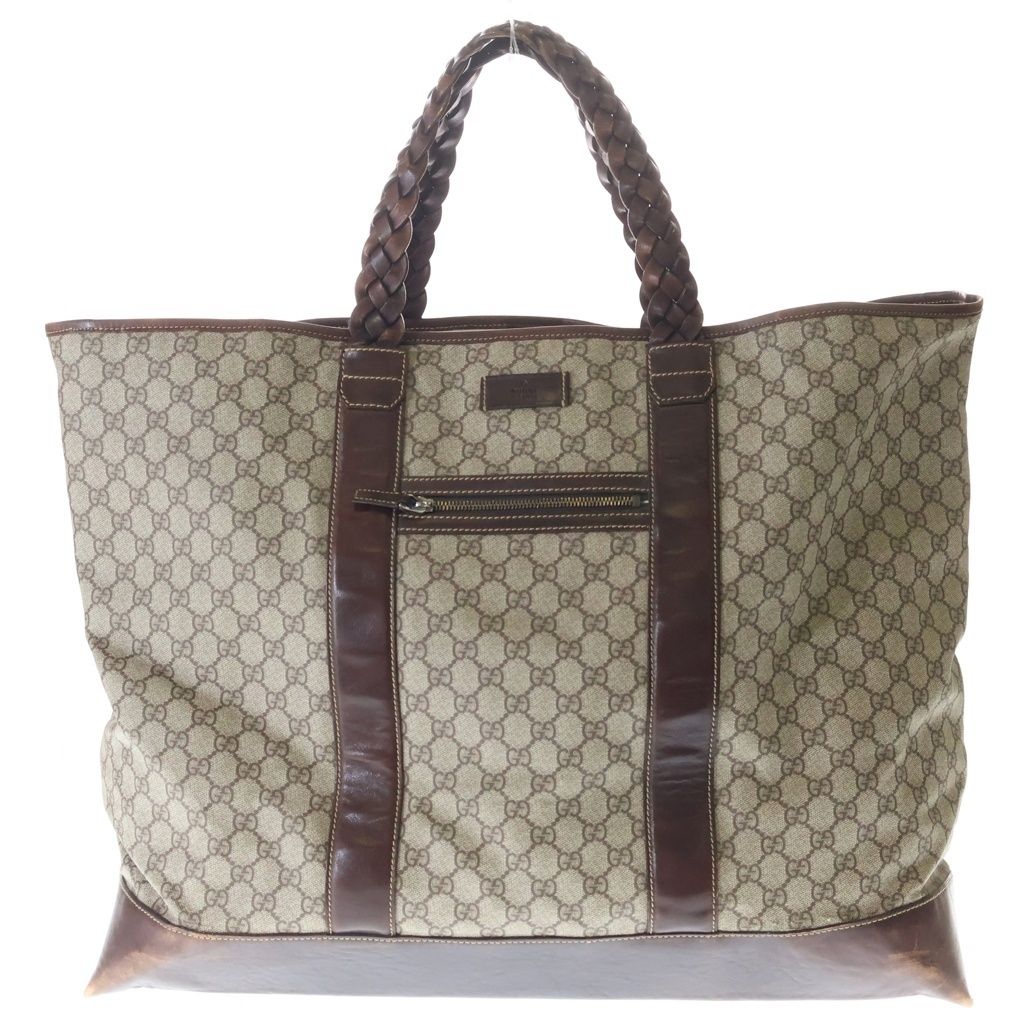 Gucci GG Supreme Logo Patch Leather Hand Tote Bag Brown Beige