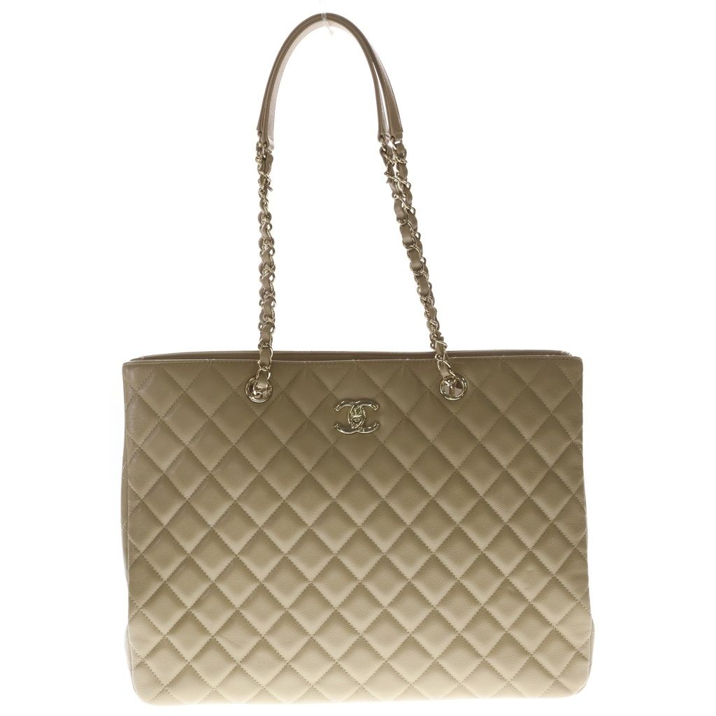 Chanel Quilted Caviar Leather Gold Chain Tote Bag Beige