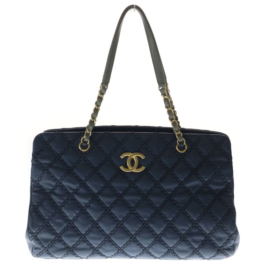 Chanel Wild Stitch Quilted Leather Chain Shoulder Tote Bag Gold Navy 19