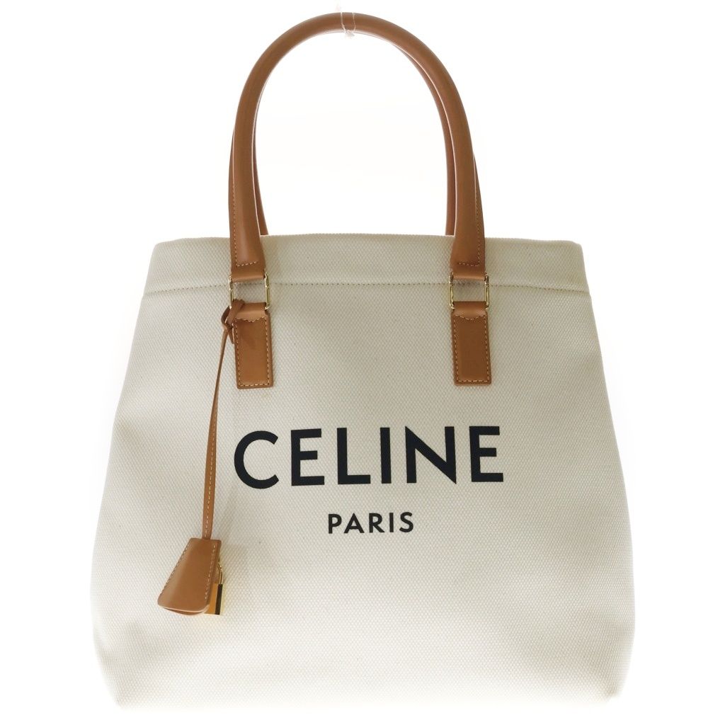 Celine Horizontal Cabas Tote Back Handbag Ivory Brown Canvas Leather Gold