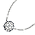 Chanel CC Logo Round Rhinestone Leather Chain Necklace Silver 26c