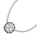 Chanel CC Logo Round Rhinestone Leather Chain Necklace Silver 26c