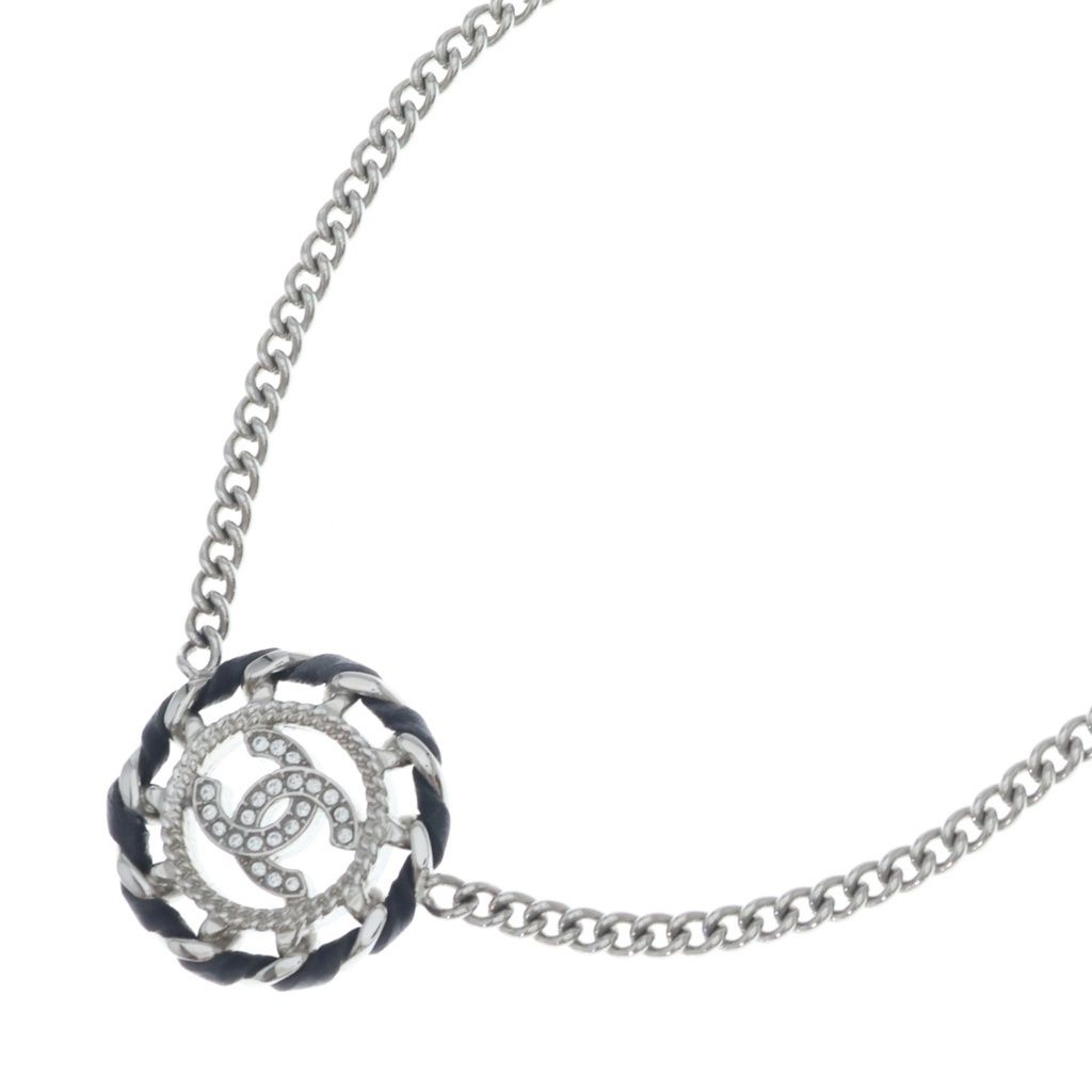 Chanel CC Logo Round Rhinestone Leather Chain Necklace Silver 26c