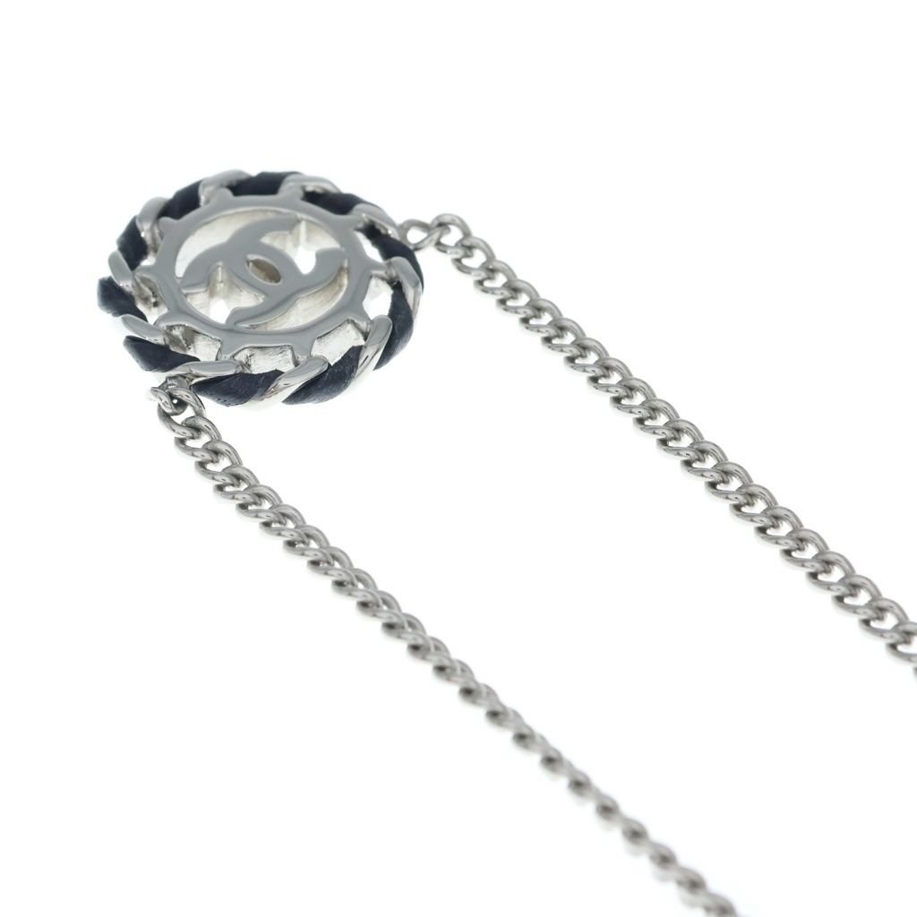 Chanel CC Logo Round Rhinestone Leather Chain Necklace Silver 26c — view 6