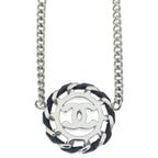 Chanel CC Logo Round Rhinestone Leather Chain Necklace Silver 26c — view 3