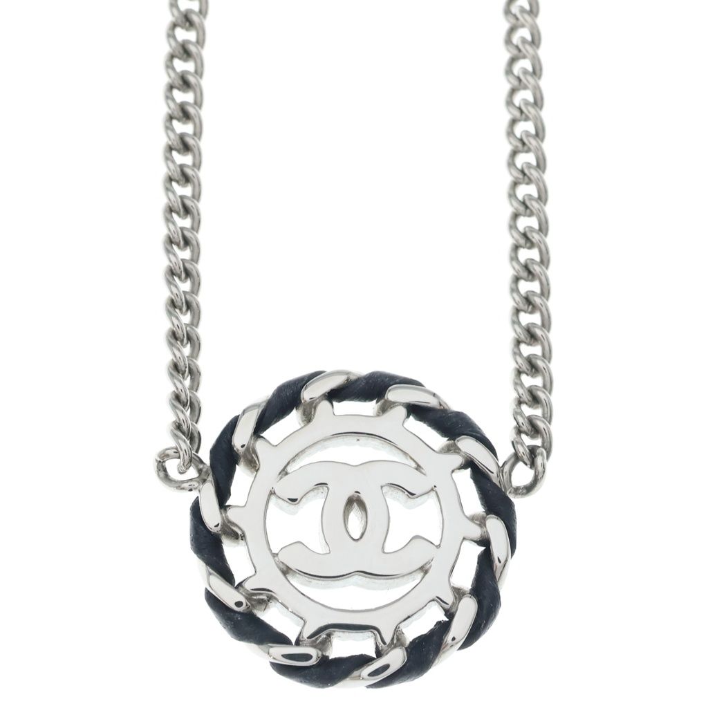 Chanel CC Logo Round Rhinestone Leather Chain Necklace Silver 26c — view 3