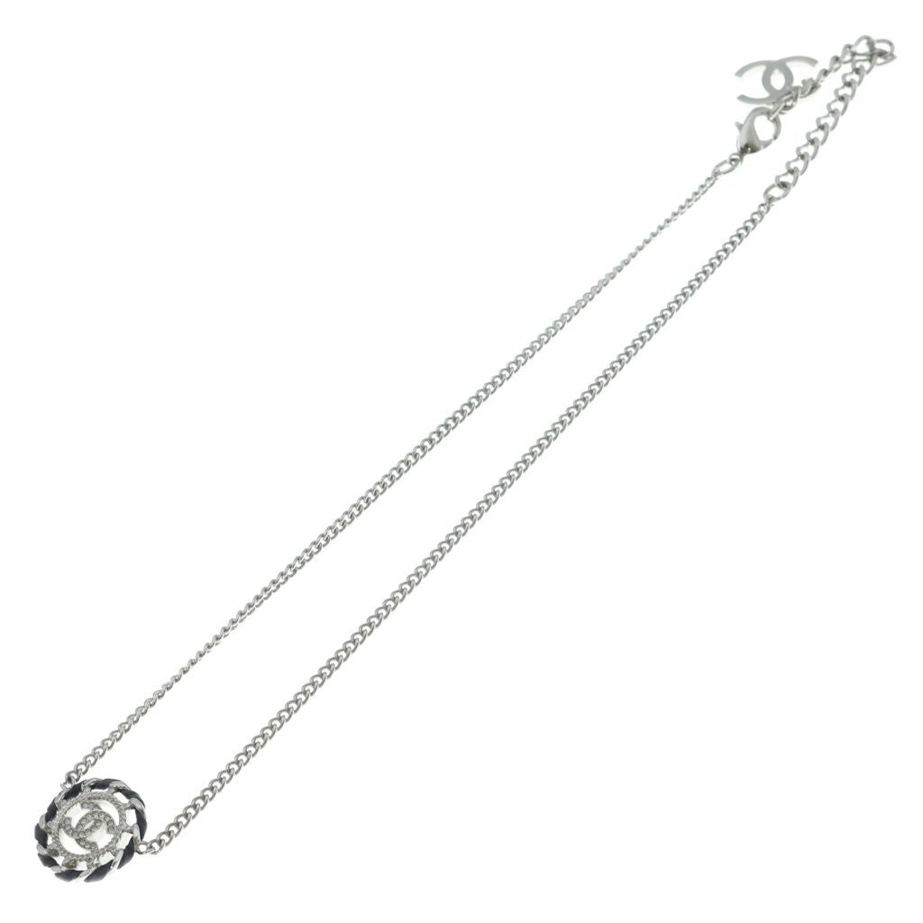 Chanel CC Logo Round Rhinestone Leather Chain Necklace Silver 26c — view 2