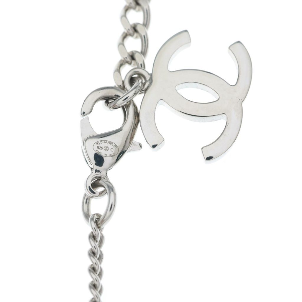 Chanel CC Logo Round Rhinestone Leather Chain Necklace Silver 26c — view 5