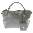 Prada Vitello Daino 2-Way Shoulder Bag Gray Leather Gold