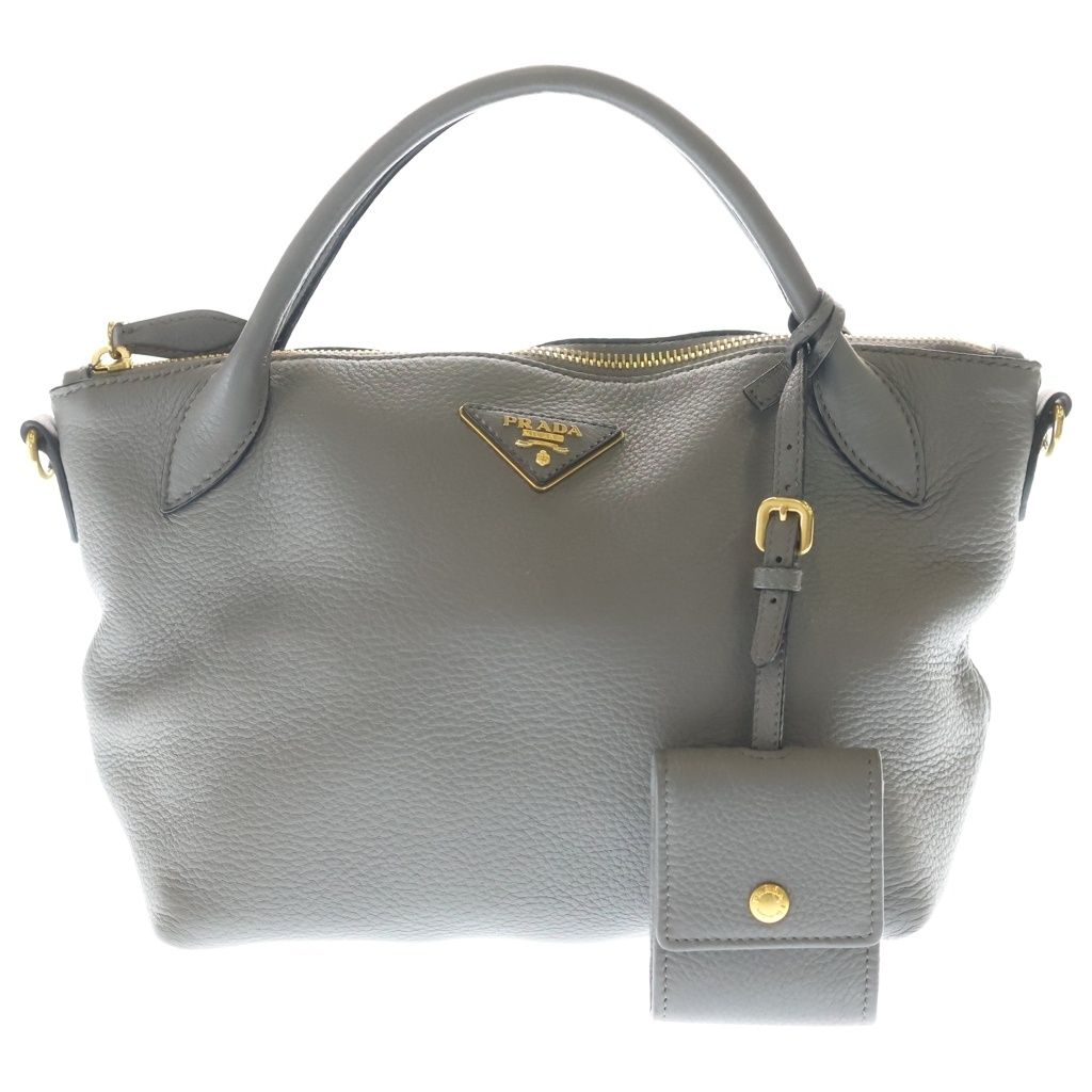 Prada Vitello Daino 2-Way Shoulder Bag Gray Leather Gold