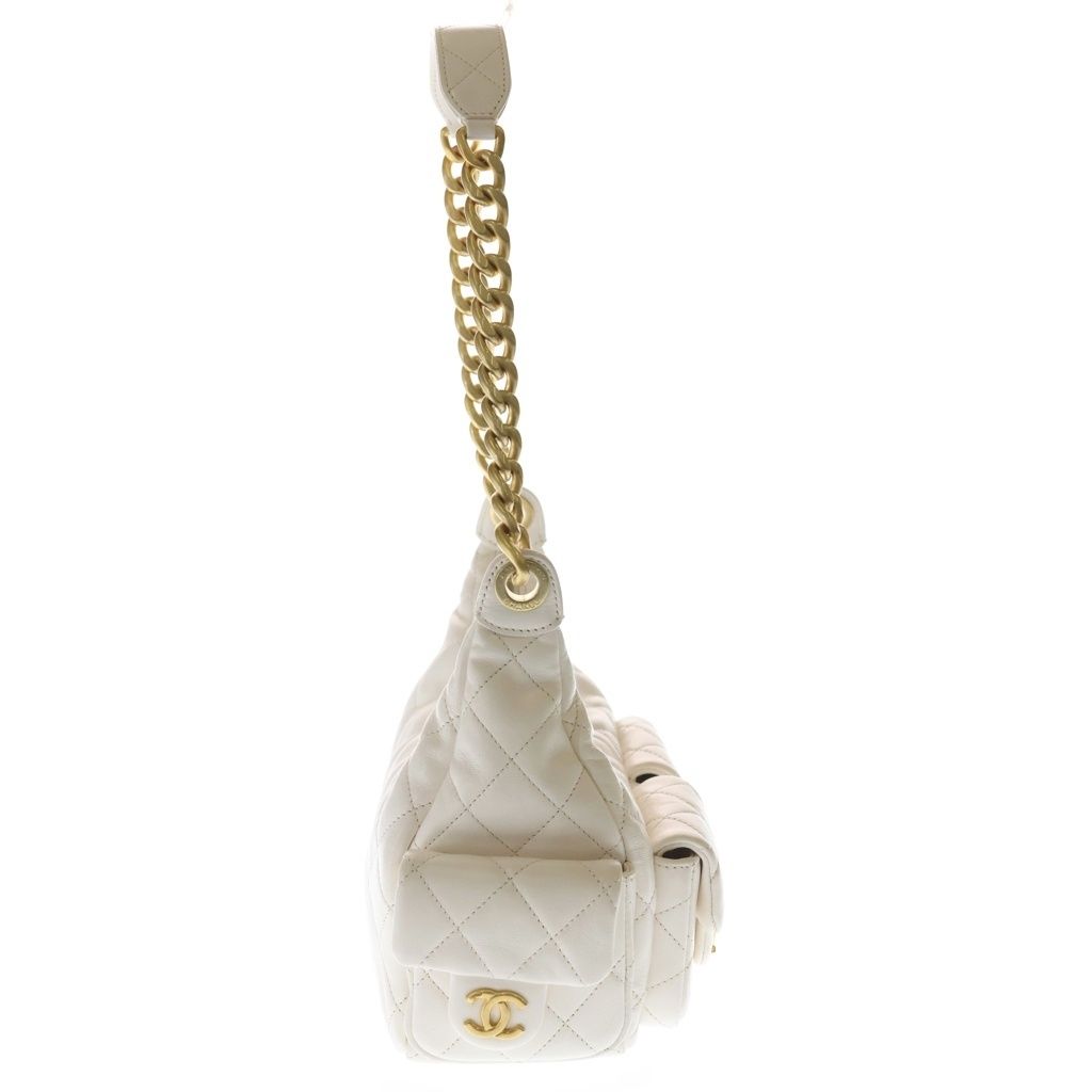 Chanel Quilted Large Hobo Chain Shoulder Bag Lambskin Gold White — view 3