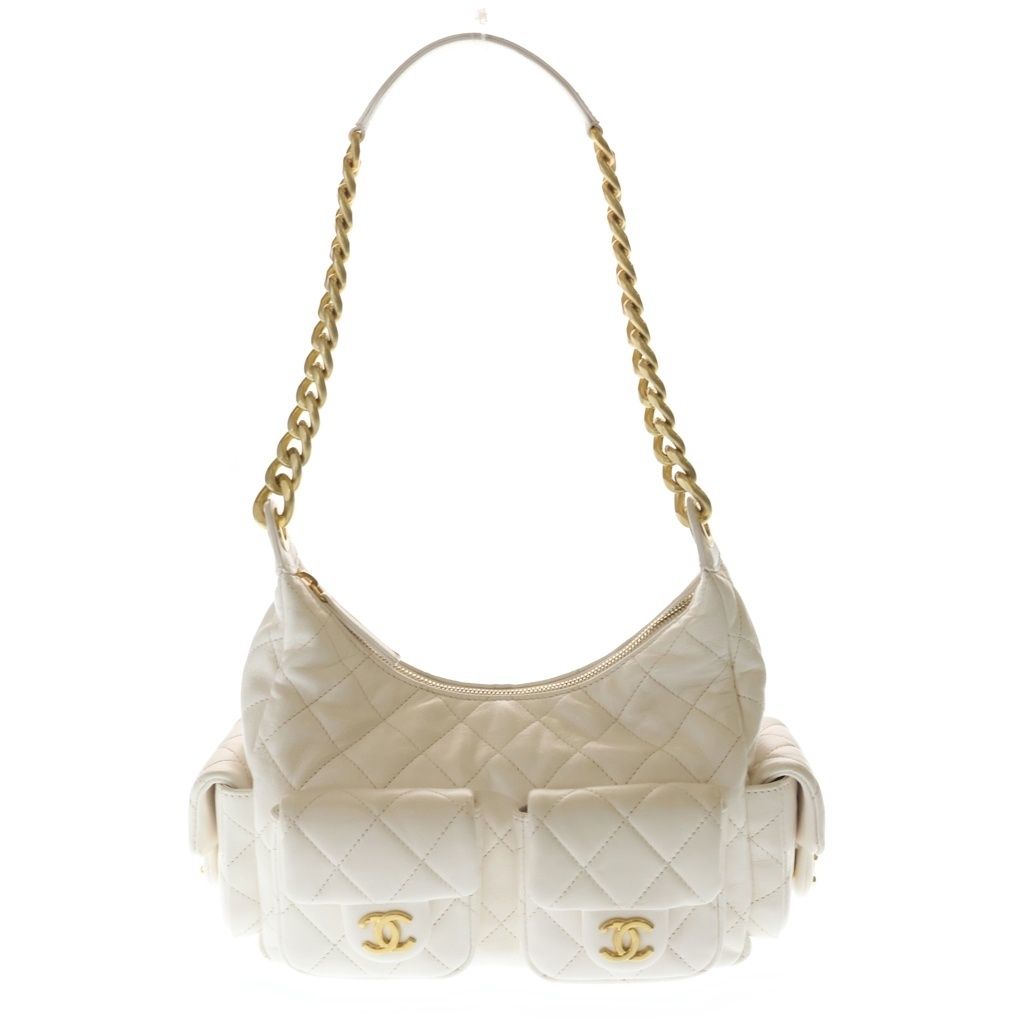 Chanel Quilted Large Hobo Chain Shoulder Bag Lambskin Gold White