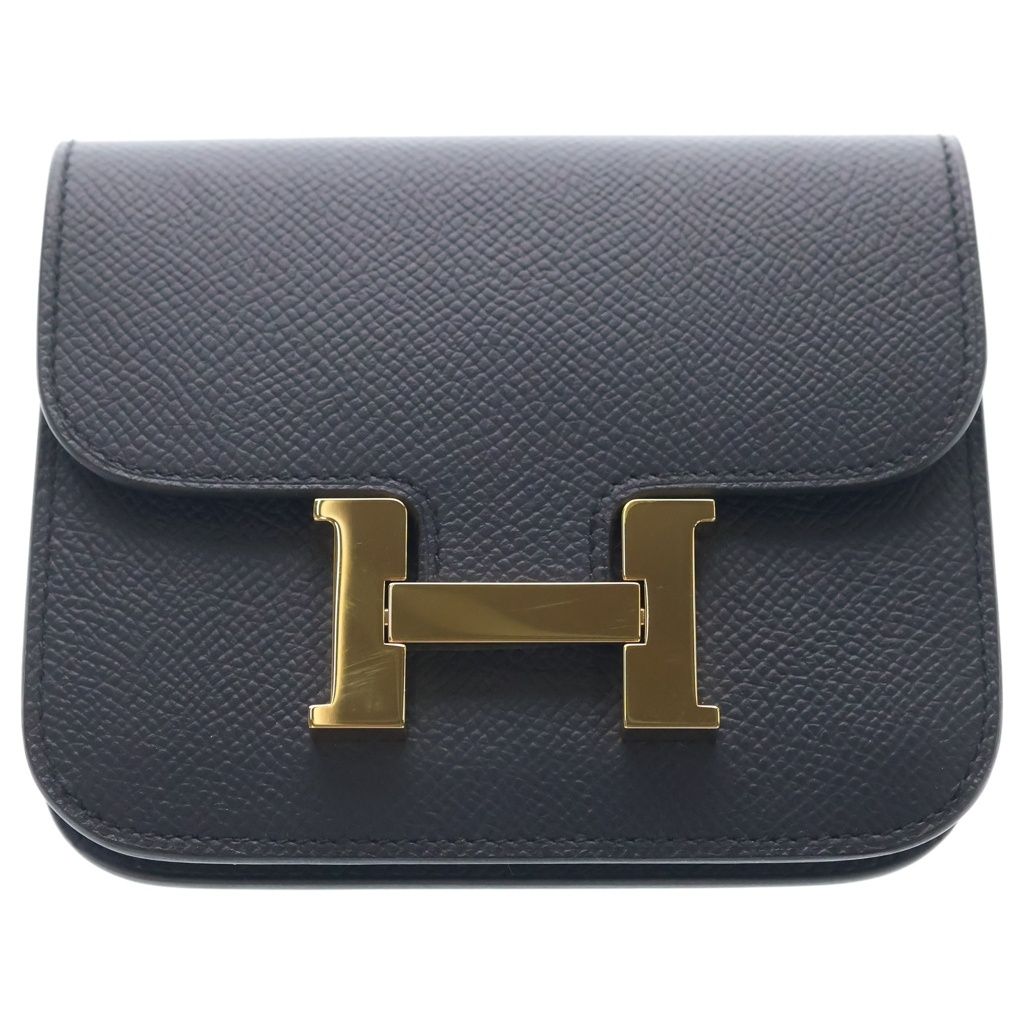 Hermes Constance Slim Epsom Gold Pouch Wallet Compact Navy