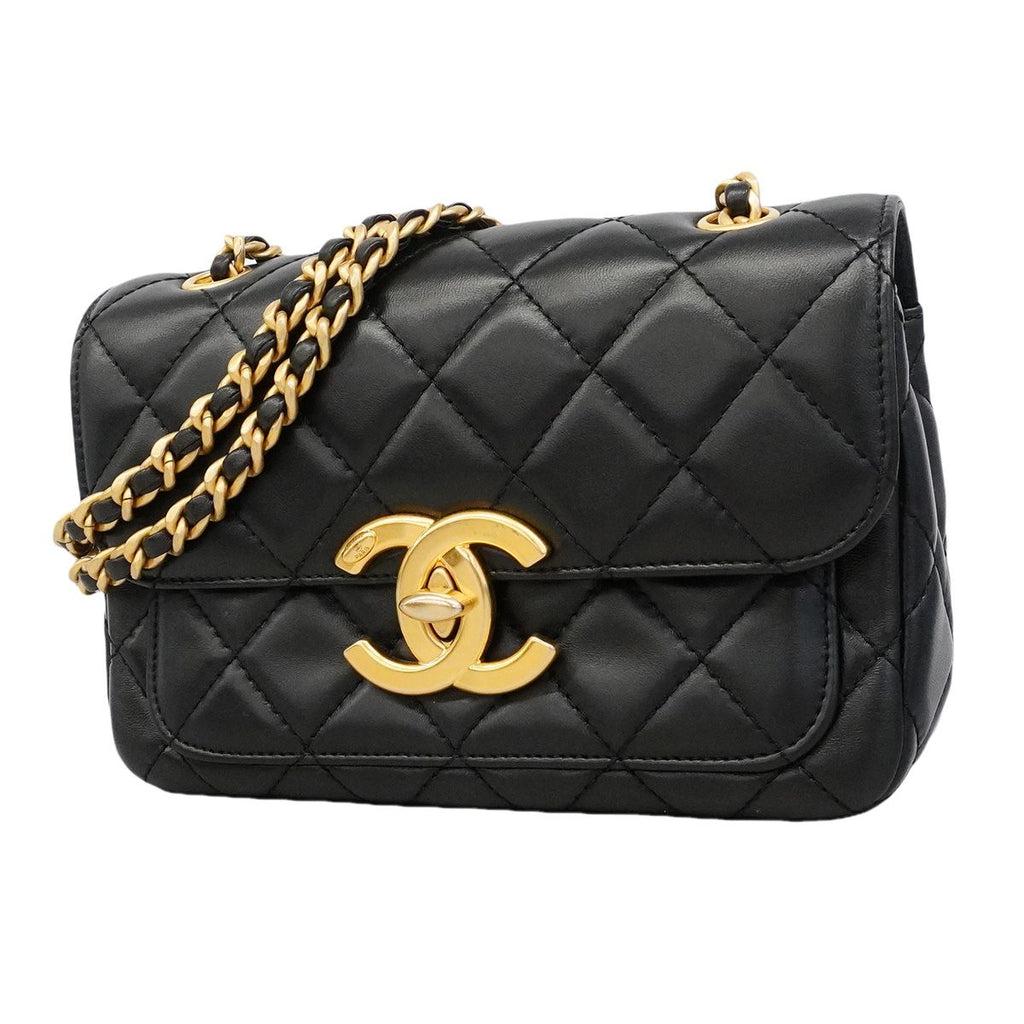 Chanel Shoulder Bag Quilted Lambskin Black Gold