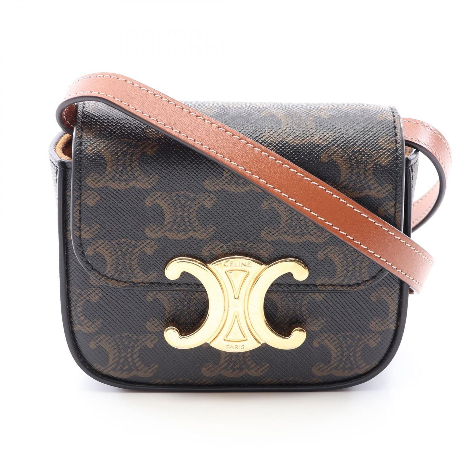 Celine Shoulder Bag Mini Claude Triomphe Black Brown Canvas Leather