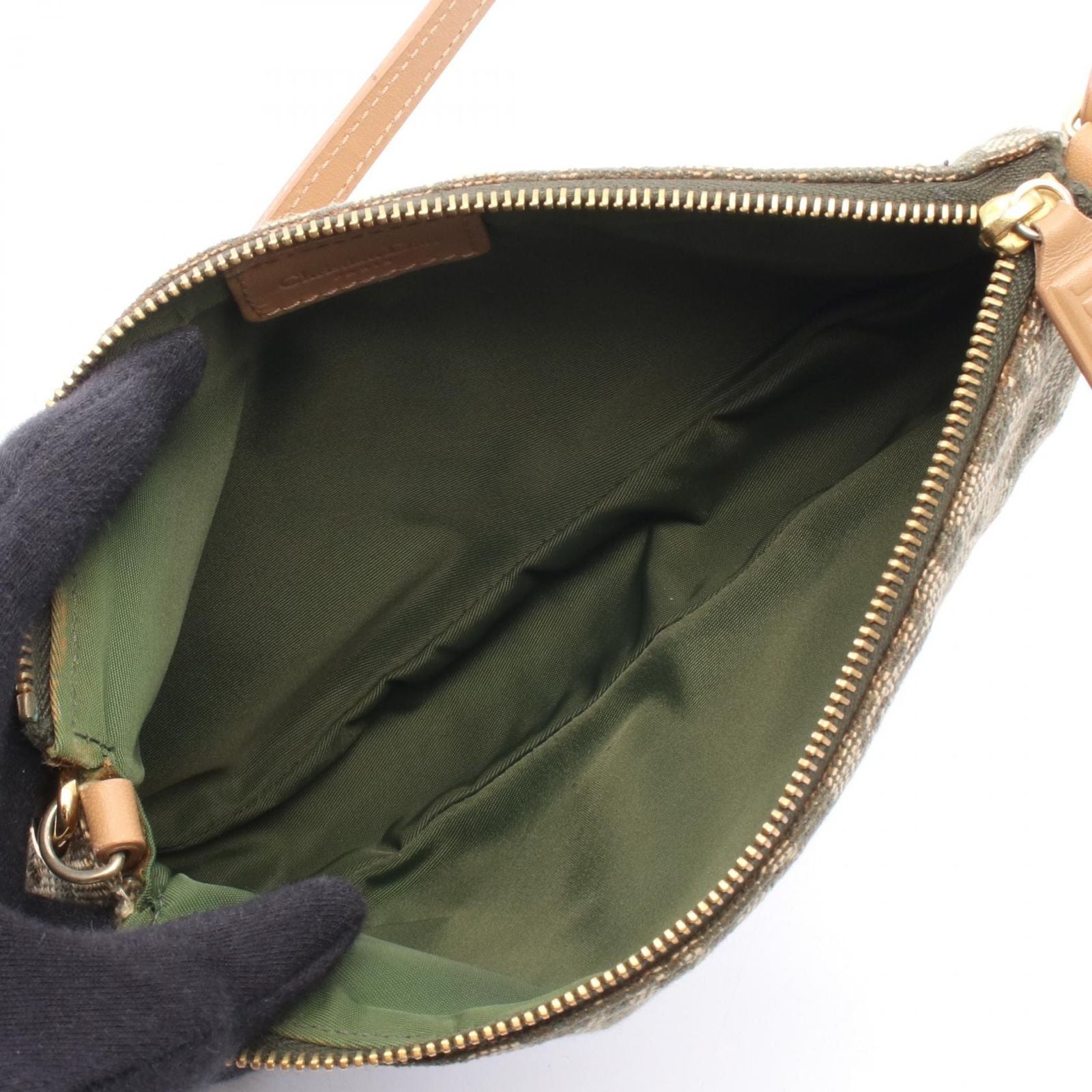 Dior Handbag Trotter Saddle Pouch Green Beige Ivory Canvas Leather — view 3