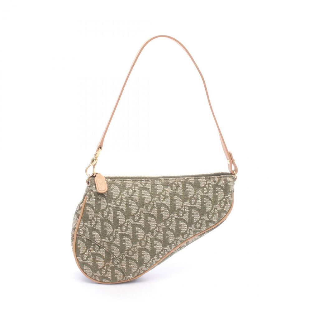 Dior Handbag Trotter Saddle Pouch Green Beige Ivory Canvas Leather
