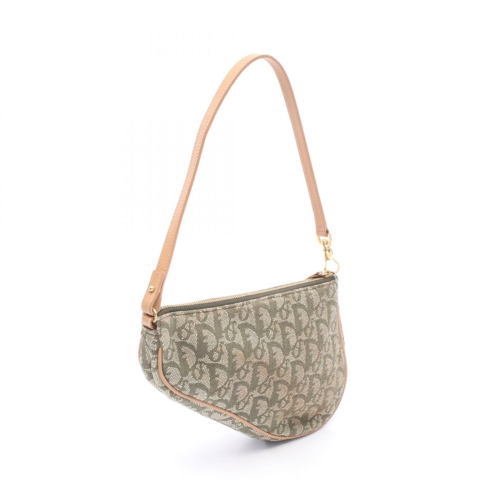 Dior Handbag Trotter Saddle Pouch Green Beige Ivory Canvas Leather — view 2