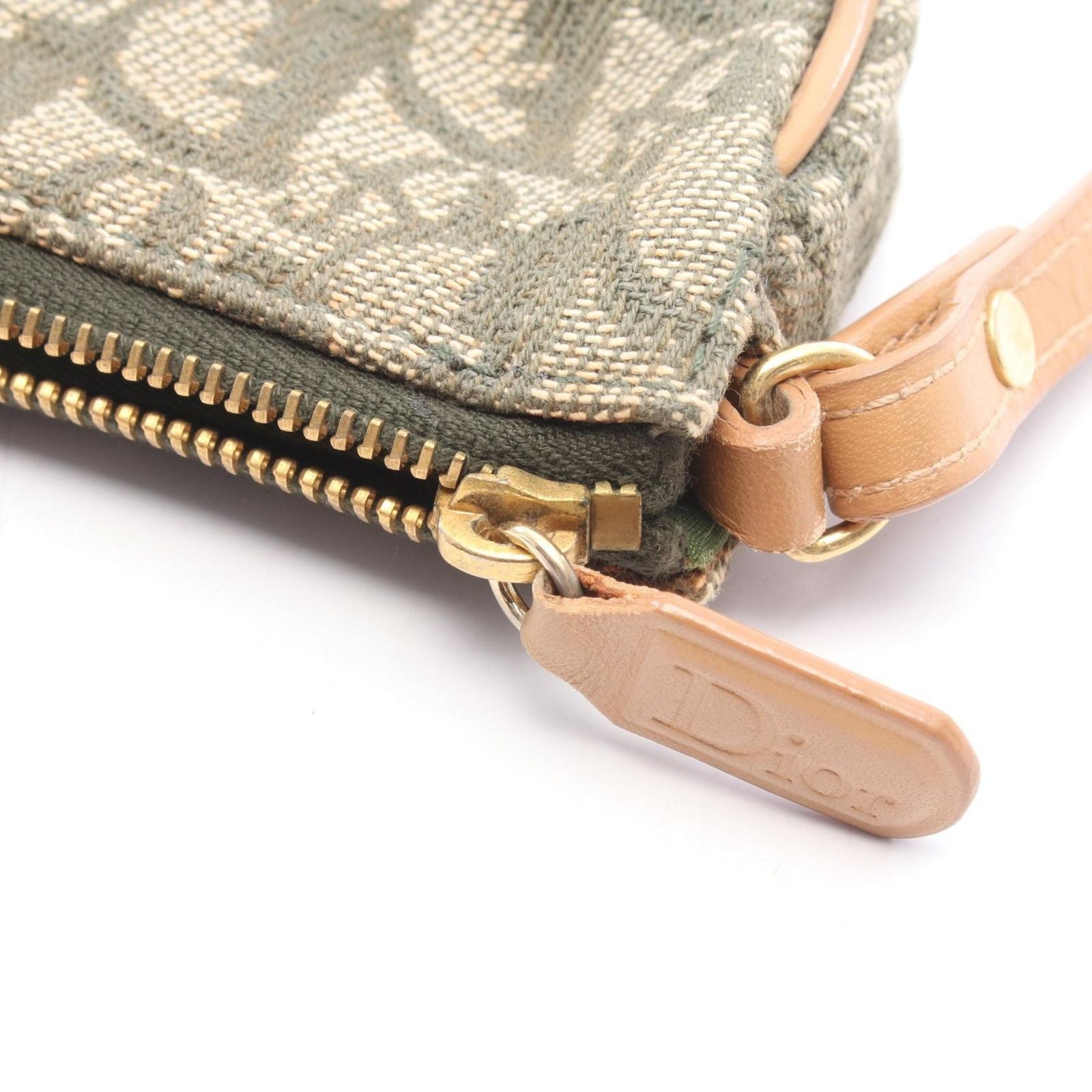 Dior Handbag Trotter Saddle Pouch Green Beige Ivory Canvas Leather — view 6