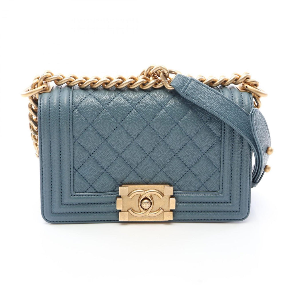 Chanel Shoulder Bag Boy Small Blue Gray Caviar Leather Chain
