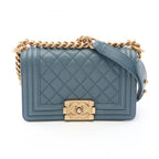 Chanel Shoulder Bag Boy Small Blue Gray Caviar Leather Chain