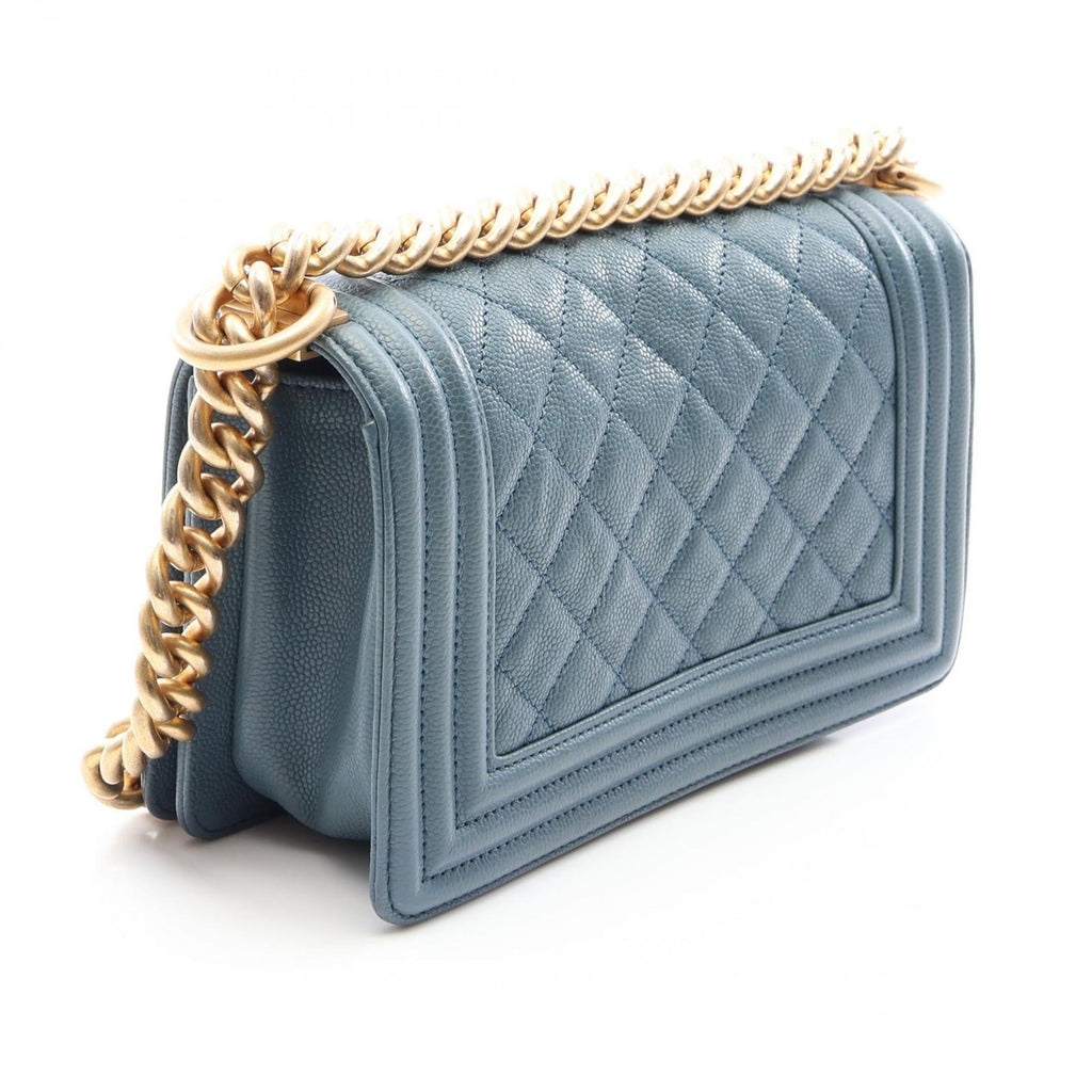 Chanel Shoulder Bag Boy Small Blue Gray Caviar Leather Chain — view 2