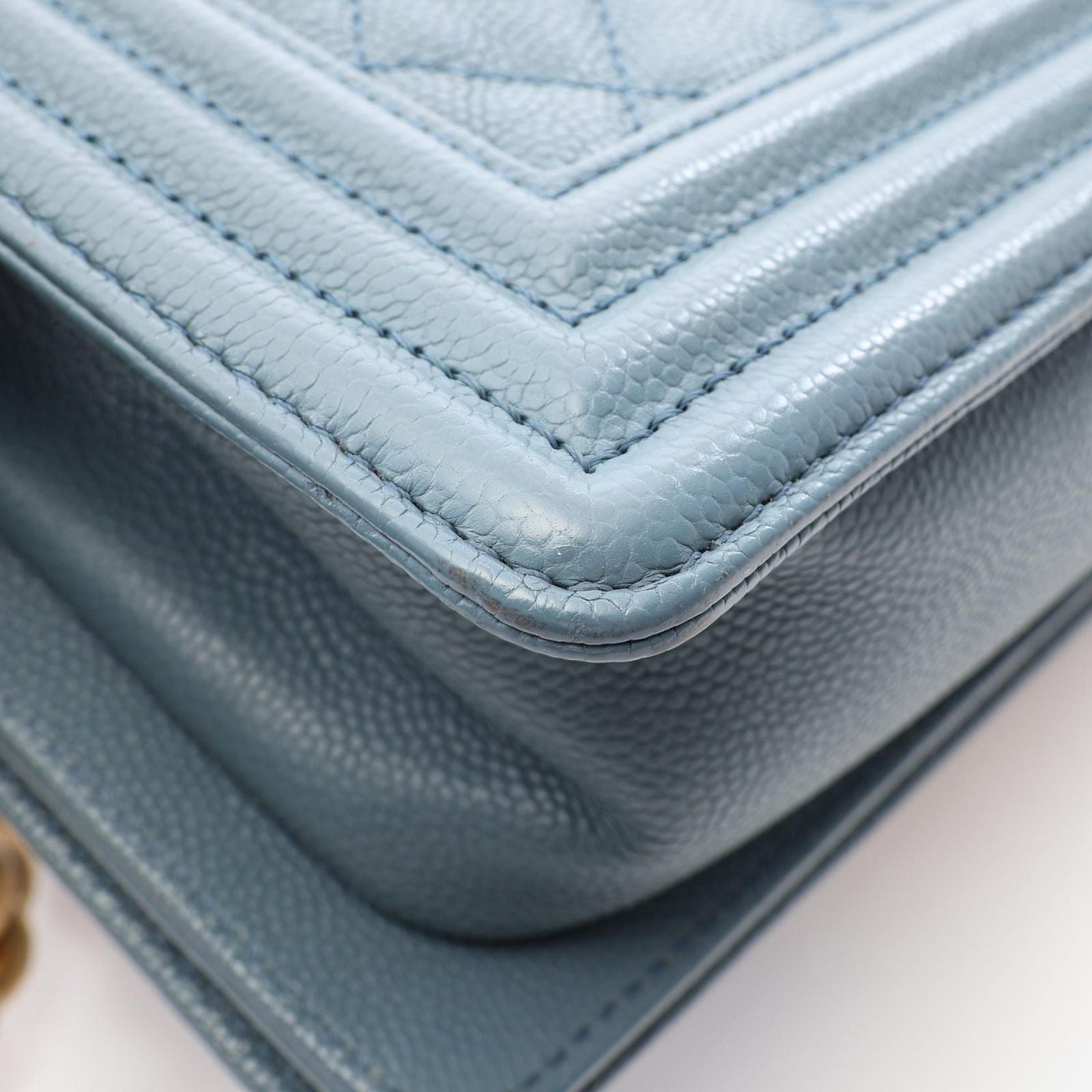 Chanel Shoulder Bag Boy Small Blue Gray Caviar Leather Chain — view 6