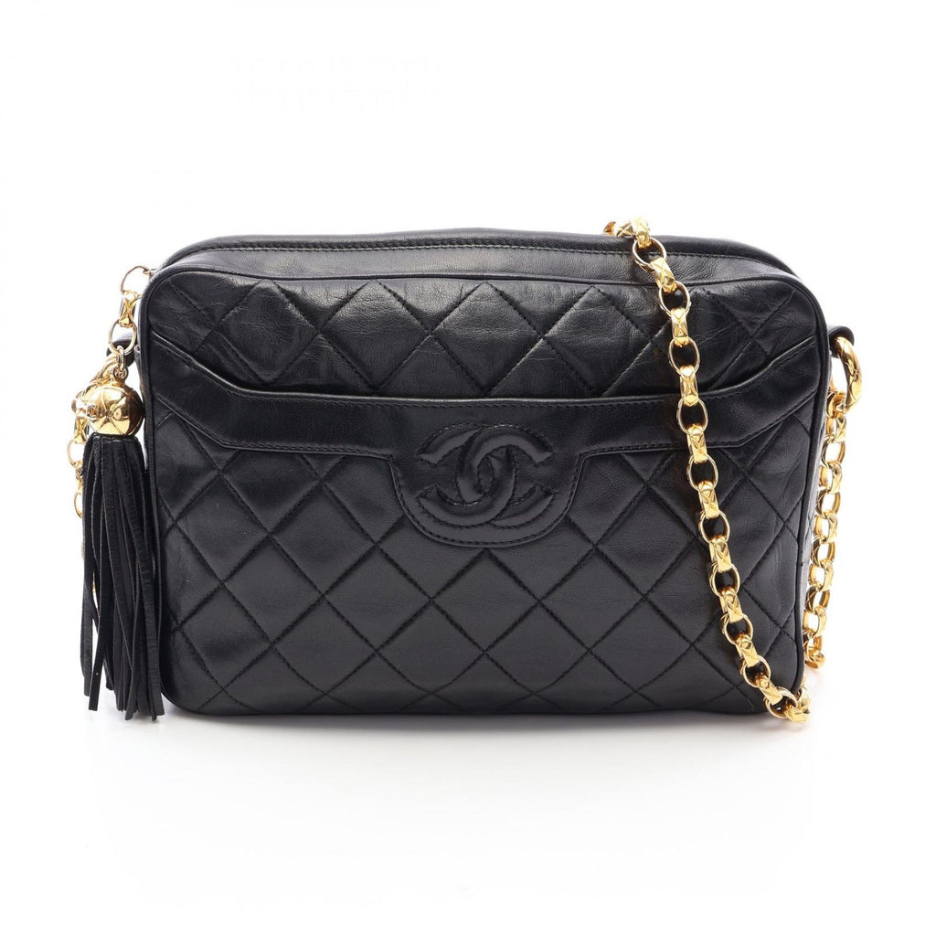 Chanel Shoulder Bag Quilted Fringe Chain Black Lambskin