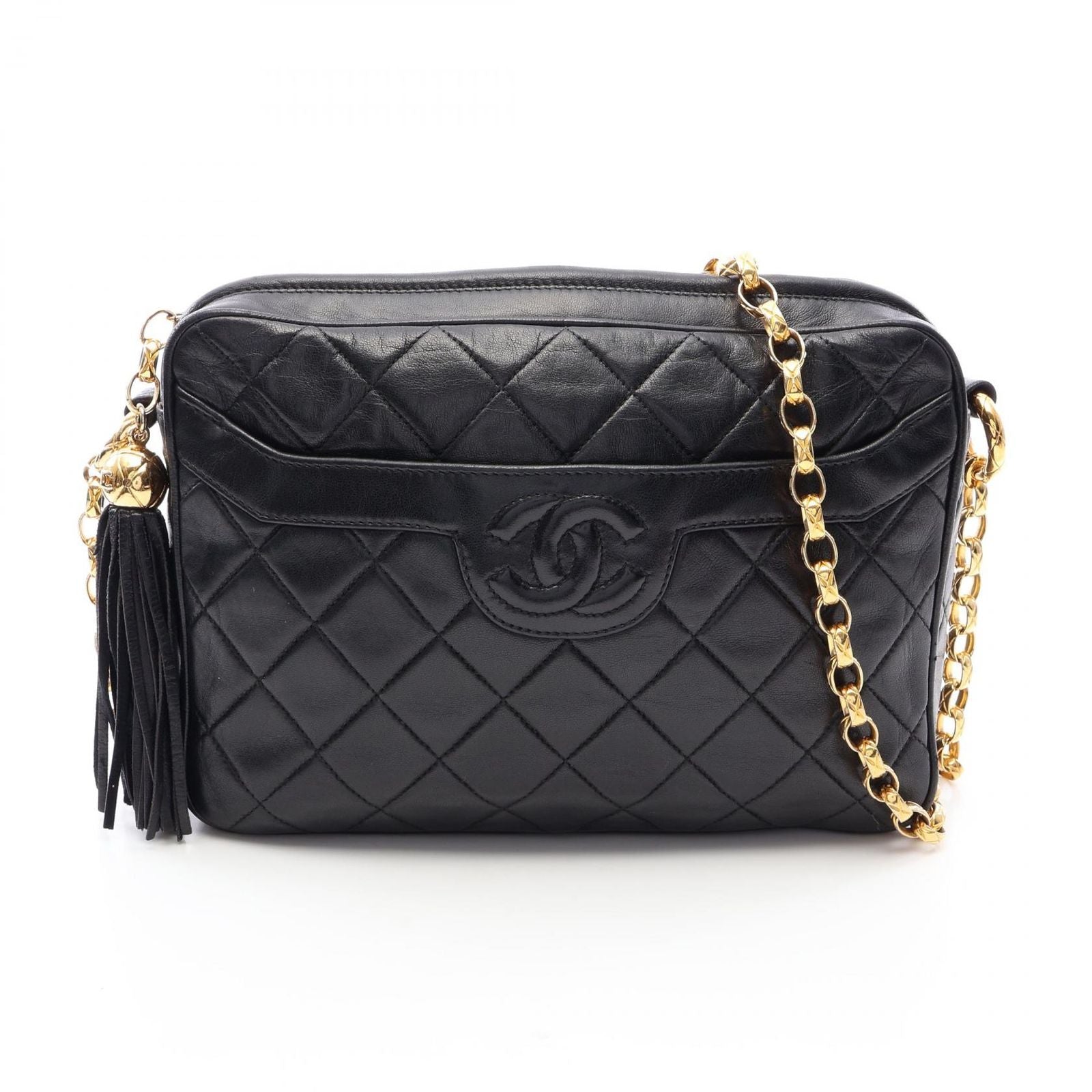 Chanel Shoulder Bag Quilted Fringe Chain Black Lambskin