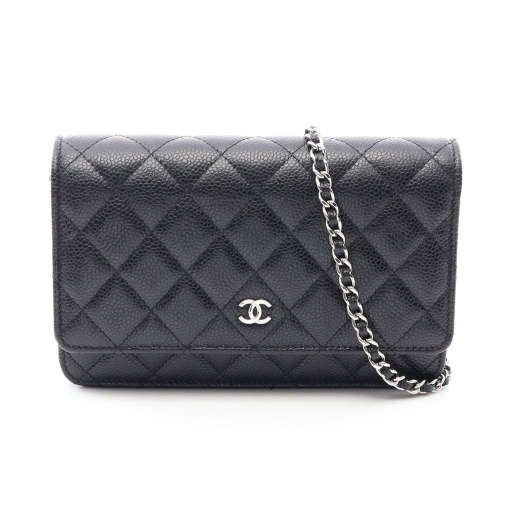 Chanel Shoulder Bag Quilted Black Caviar Leather Chain Wallet