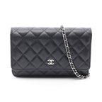 Chanel Shoulder Bag Quilted Black Caviar Leather Chain Wallet
