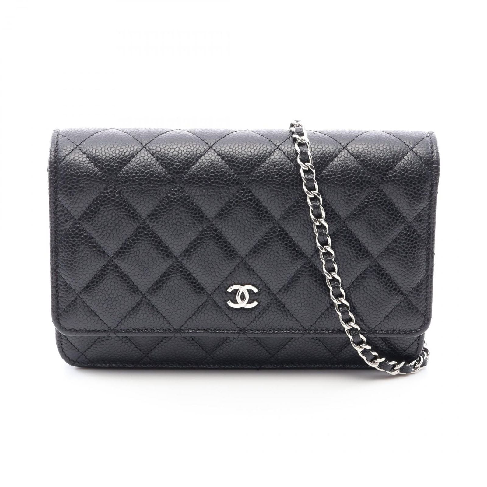 Chanel Shoulder Bag Quilted Black Caviar Leather Chain Wallet